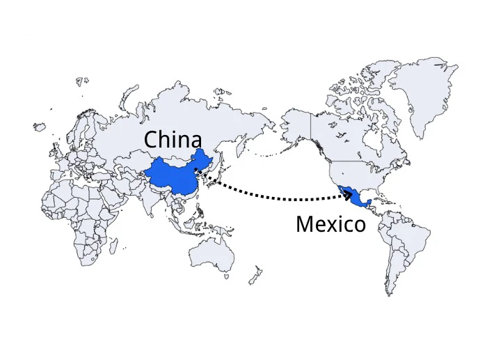 DDP shipping route from China to Mexico.