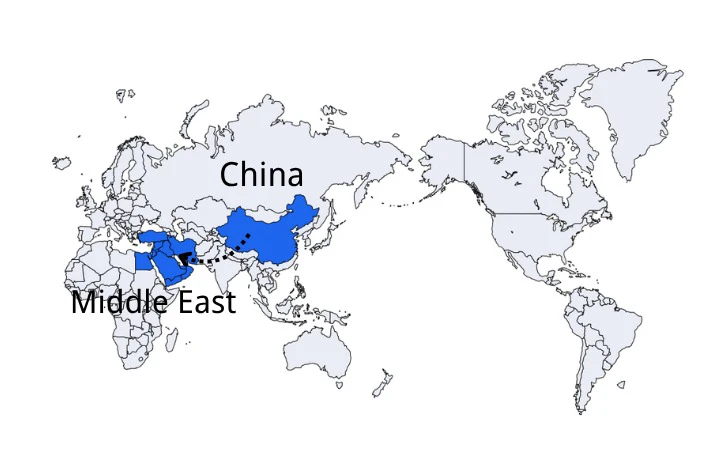 Shipping route from China to Middle East map.