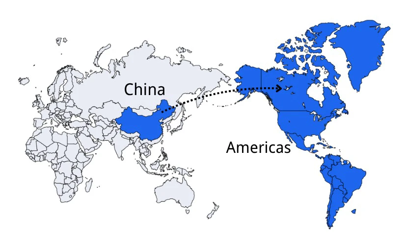 DDP shipping route from China to the Americas.
