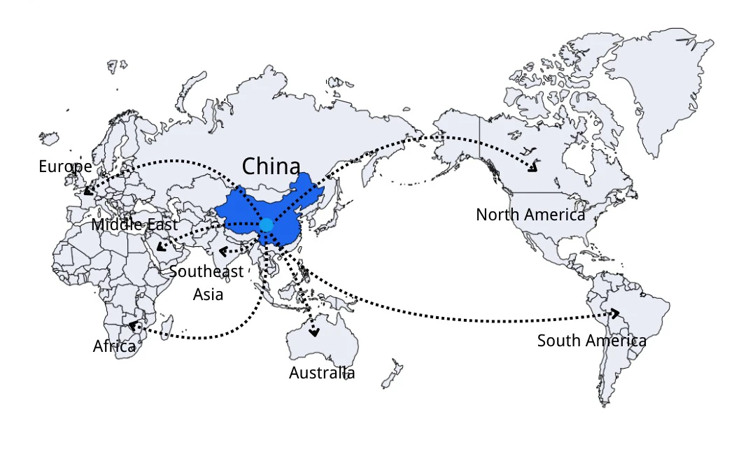 Shipping routes from China map showing global DDP coverage
